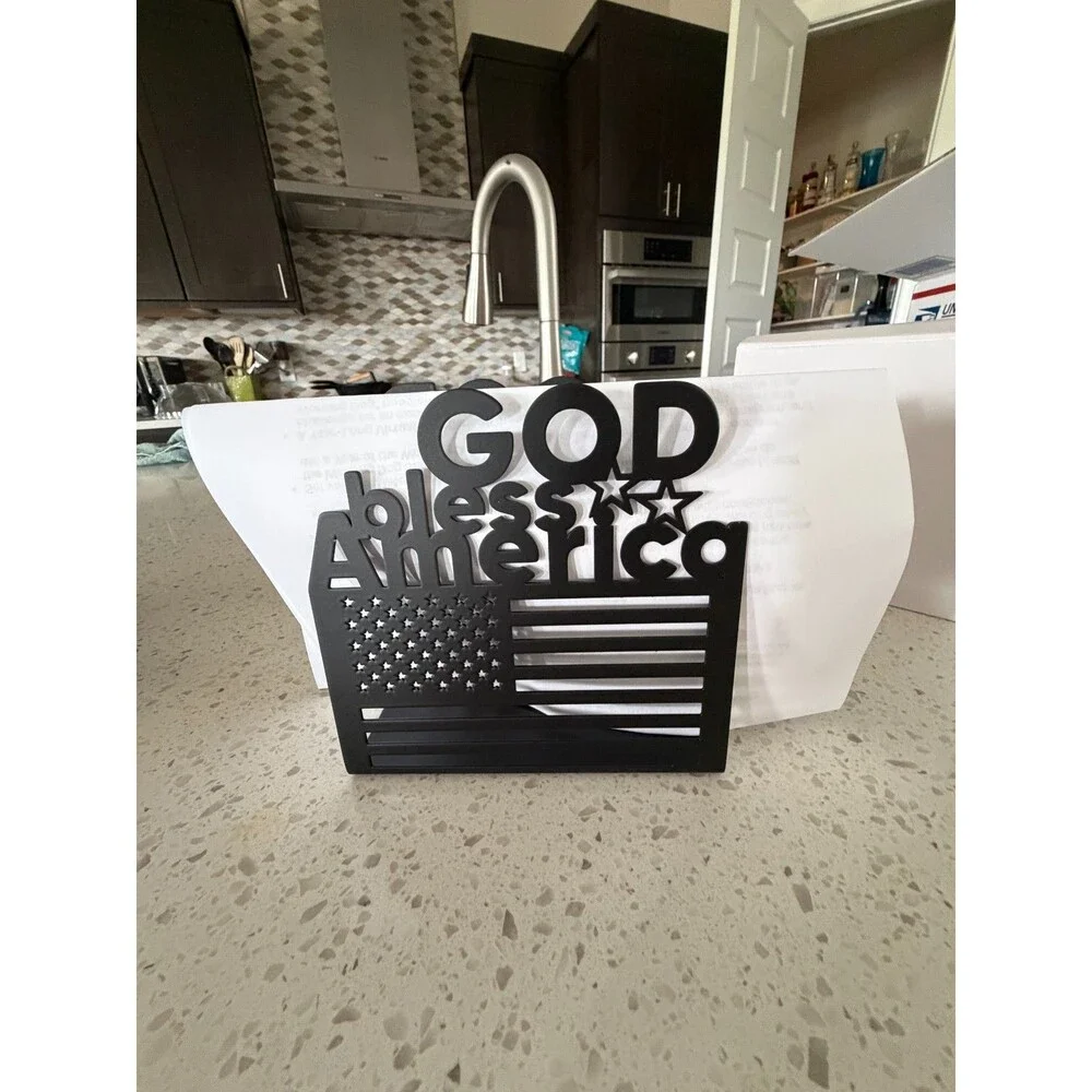 God Bless America Flag Metal Countertop Napkin Holder for Table New in Box